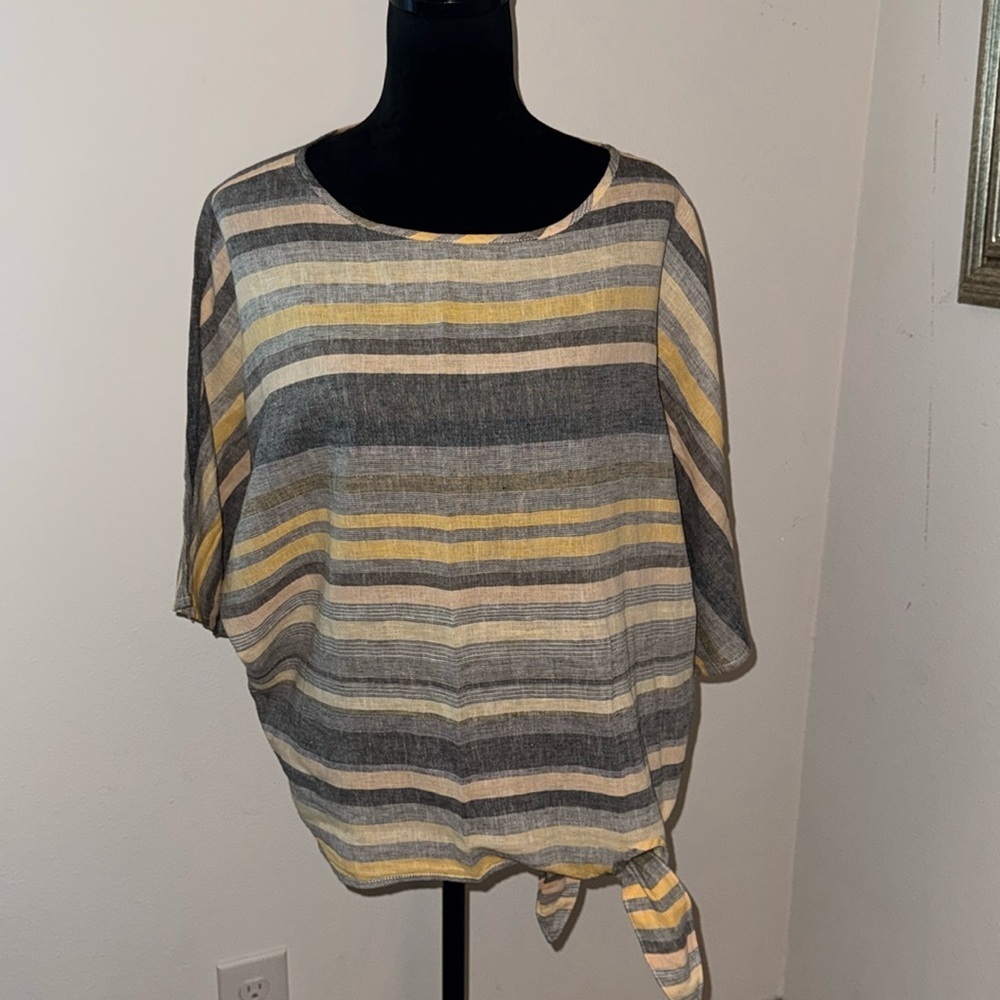 Beach lunch lounge linen cotton blend waist ties striped short sleeves top Sz M